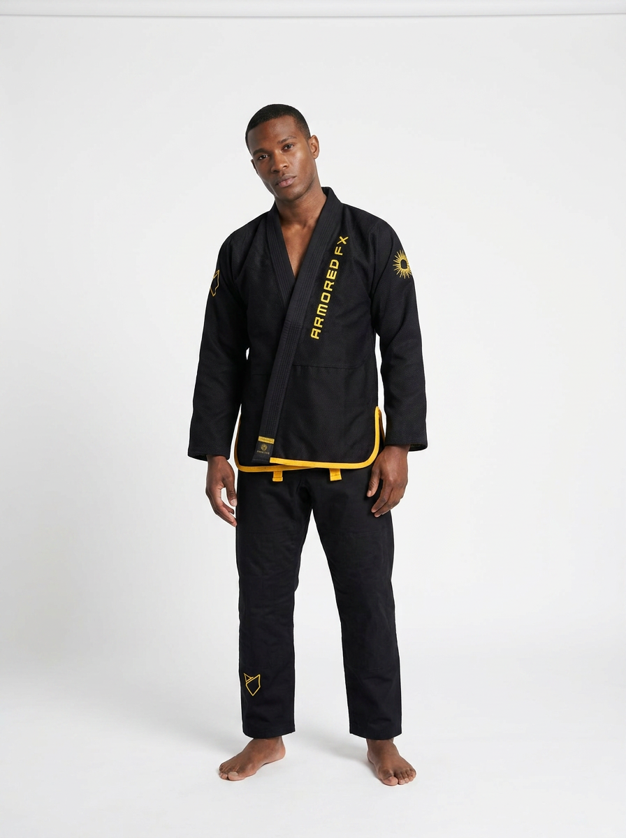 Armored FX Aurium Line black BJJ kimono with gold embroidery