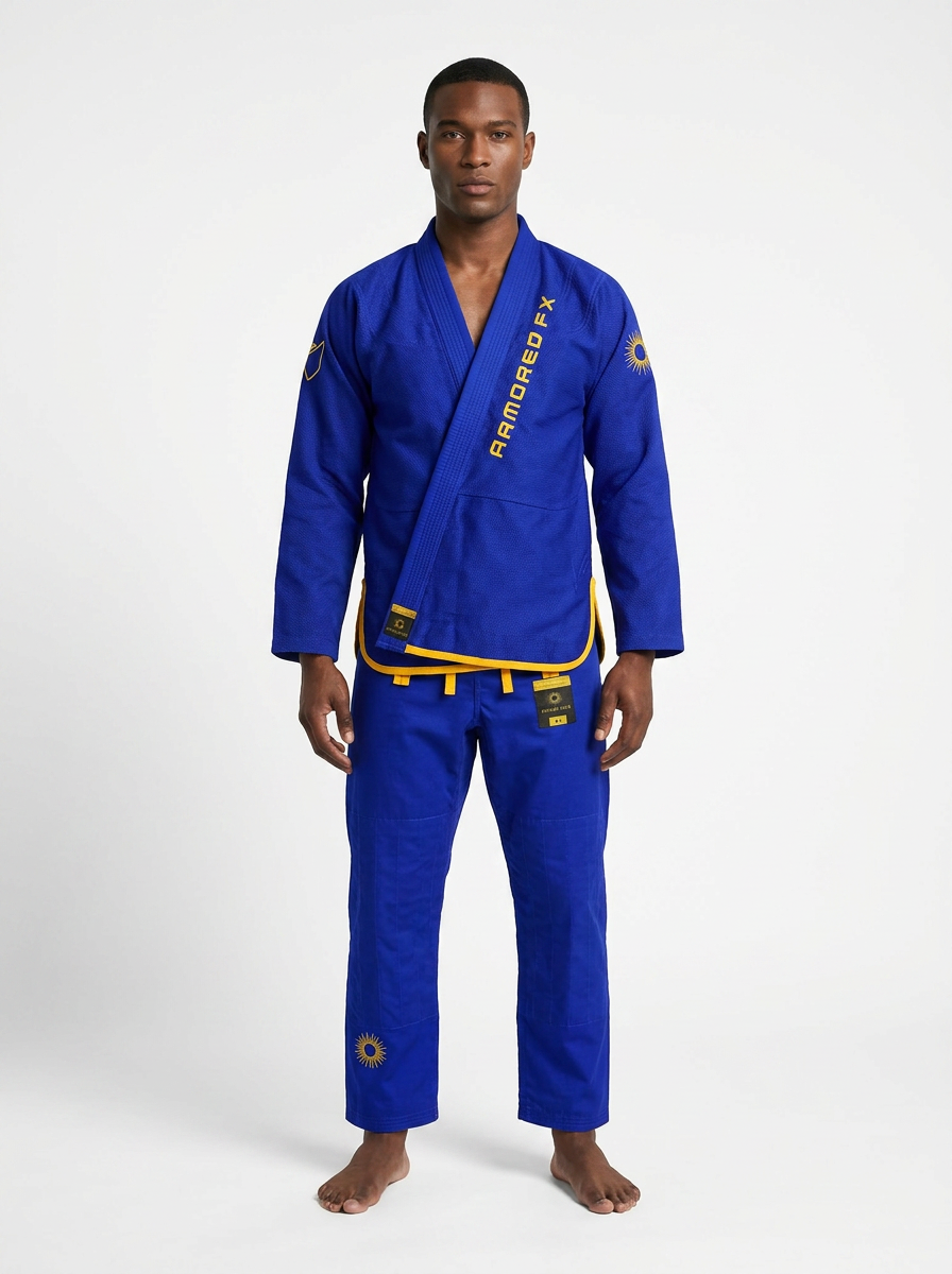 Armored FX Aurium Line royal blue BJJ kimono with yellow embroidery
