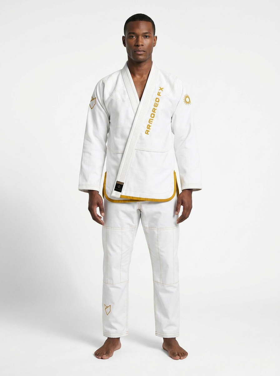 Armored FX Aurium Line white BJJ kimono with gold embroidery